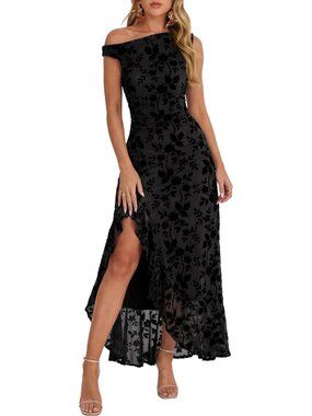 Women Summer Off Shoulder Formal Dress Black Floral Bodycon Cocktail Maxi Dress